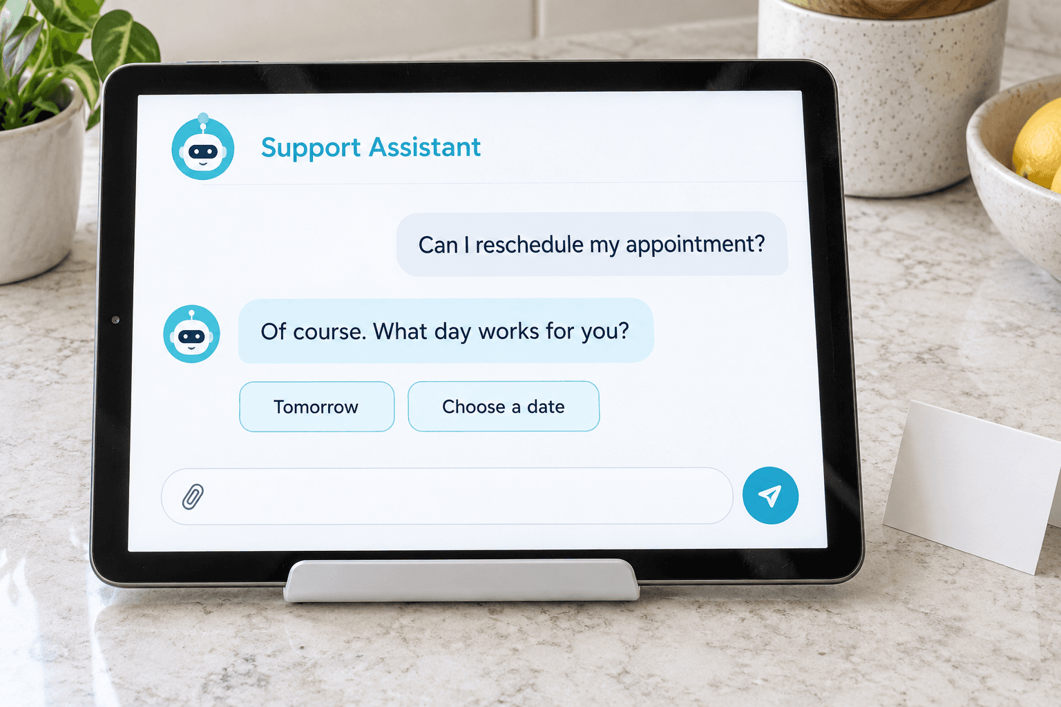 Tablet showing a support chatbot helping reschedule an appointment