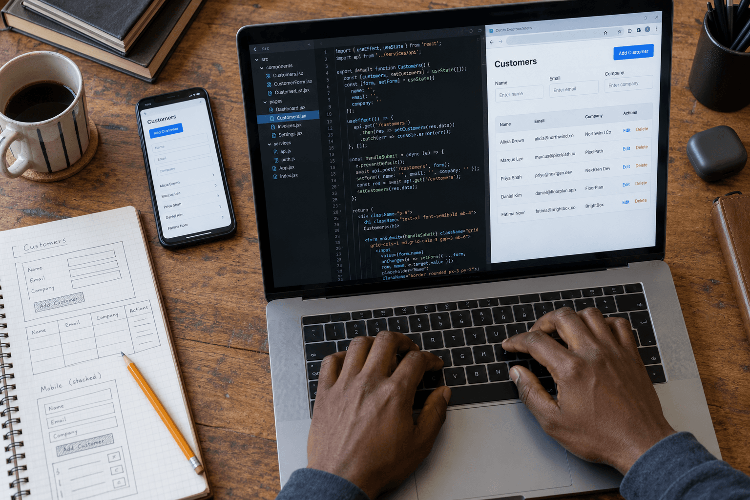 Developer writing code beside a business application preview and drawn wireframes