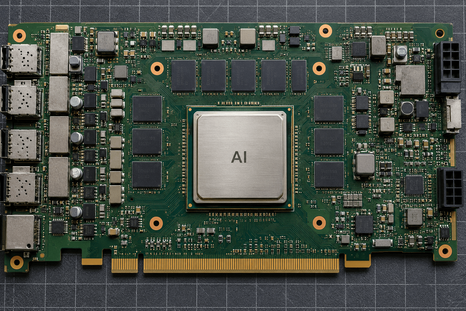 Close-up of an AI accelerator processor and its circuit board