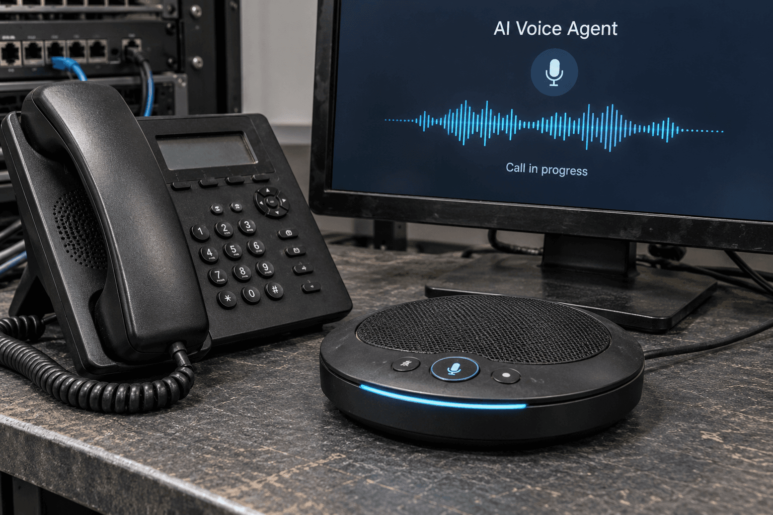 Telephone and speakerphone beside a live AI voice-agent call display